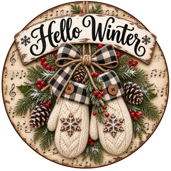 Round metal wreath sign featuring mittens with pine boughs, pine cones and holly berry with "hello winter" with a music sheet background by Monkey's Creations. 