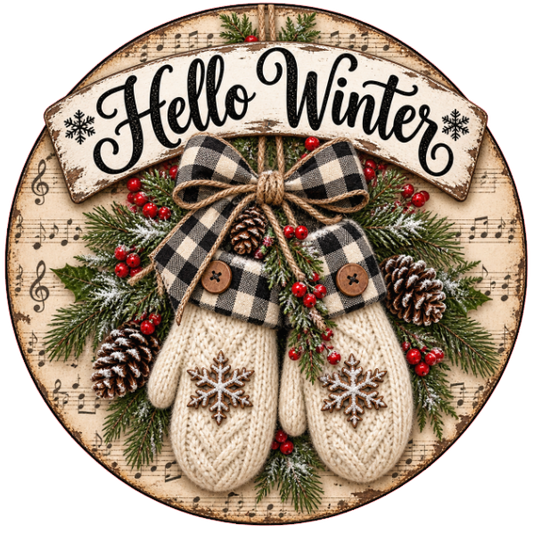 Round metal wreath sign featuring mittens with pine boughs, pine cones and holly berry with "hello winter" with a music sheet background by Monkey's Creations. 