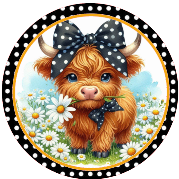 Highland cow wearing a polka dot bow surrounded by daisies 