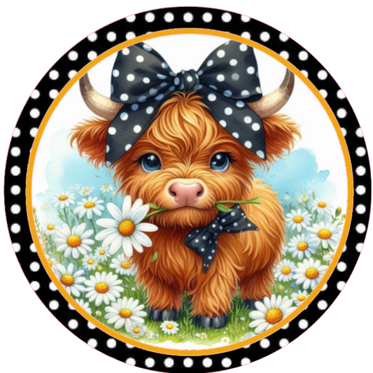 Highland cow wearing a polka dot bow surrounded by daisies 