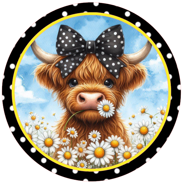 Highland cow wearing a polka dot bow with daisies 