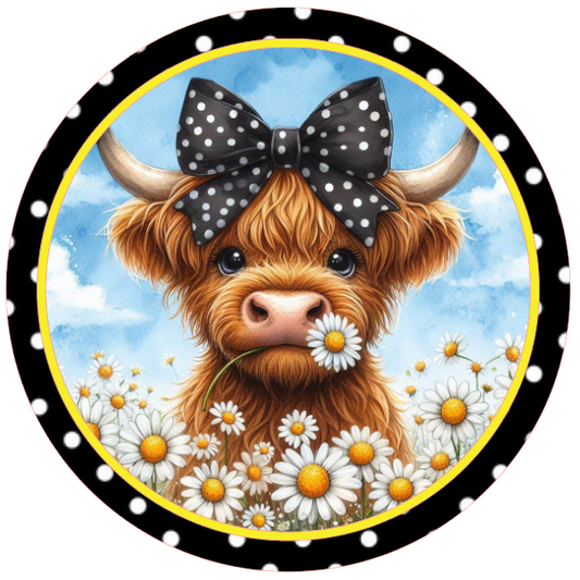Highland cow wearing a polka dot bow with daisies 