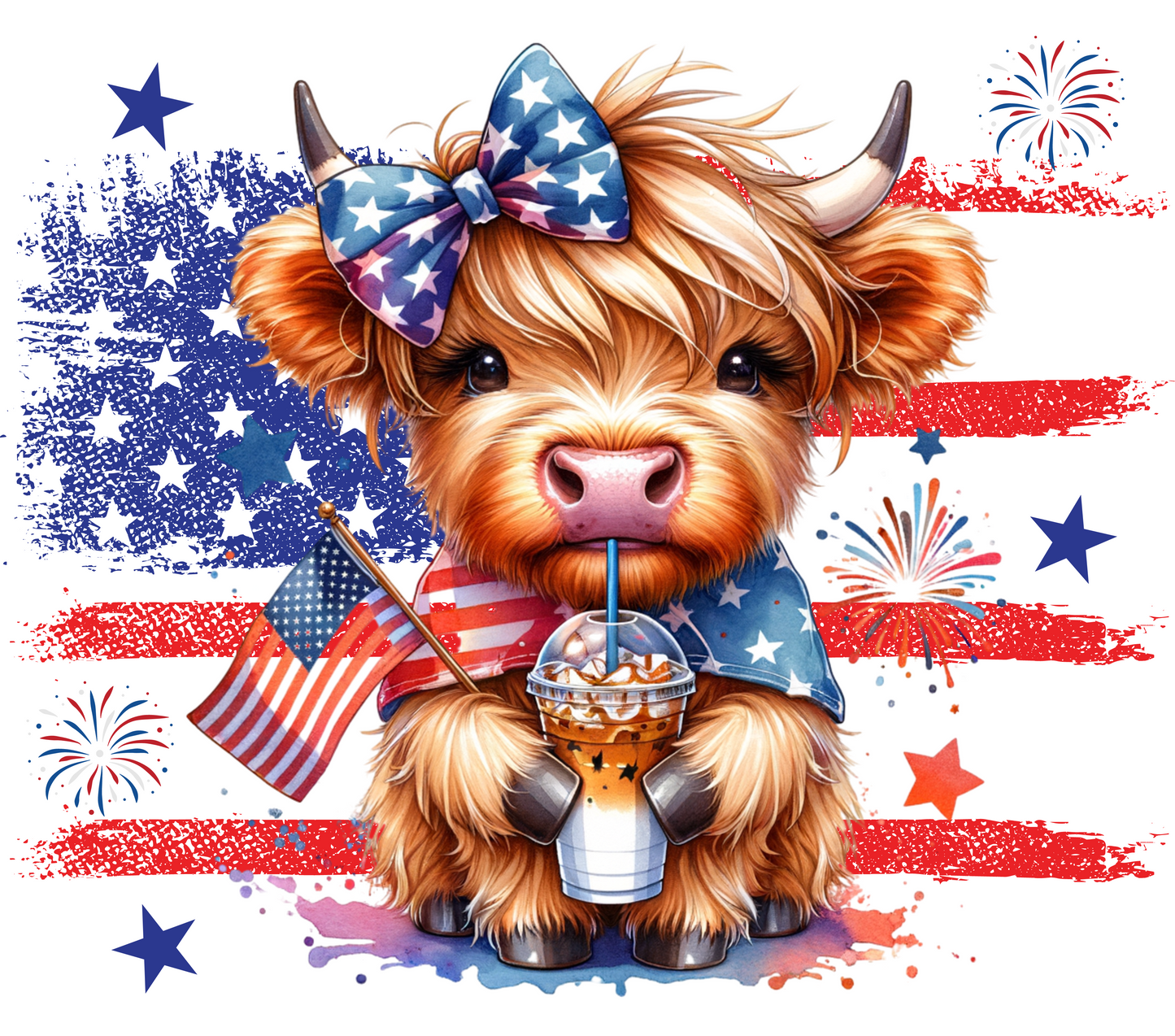 Highland cow with a bow, American flag, and ice cream in front of an American flag background with fireworks.