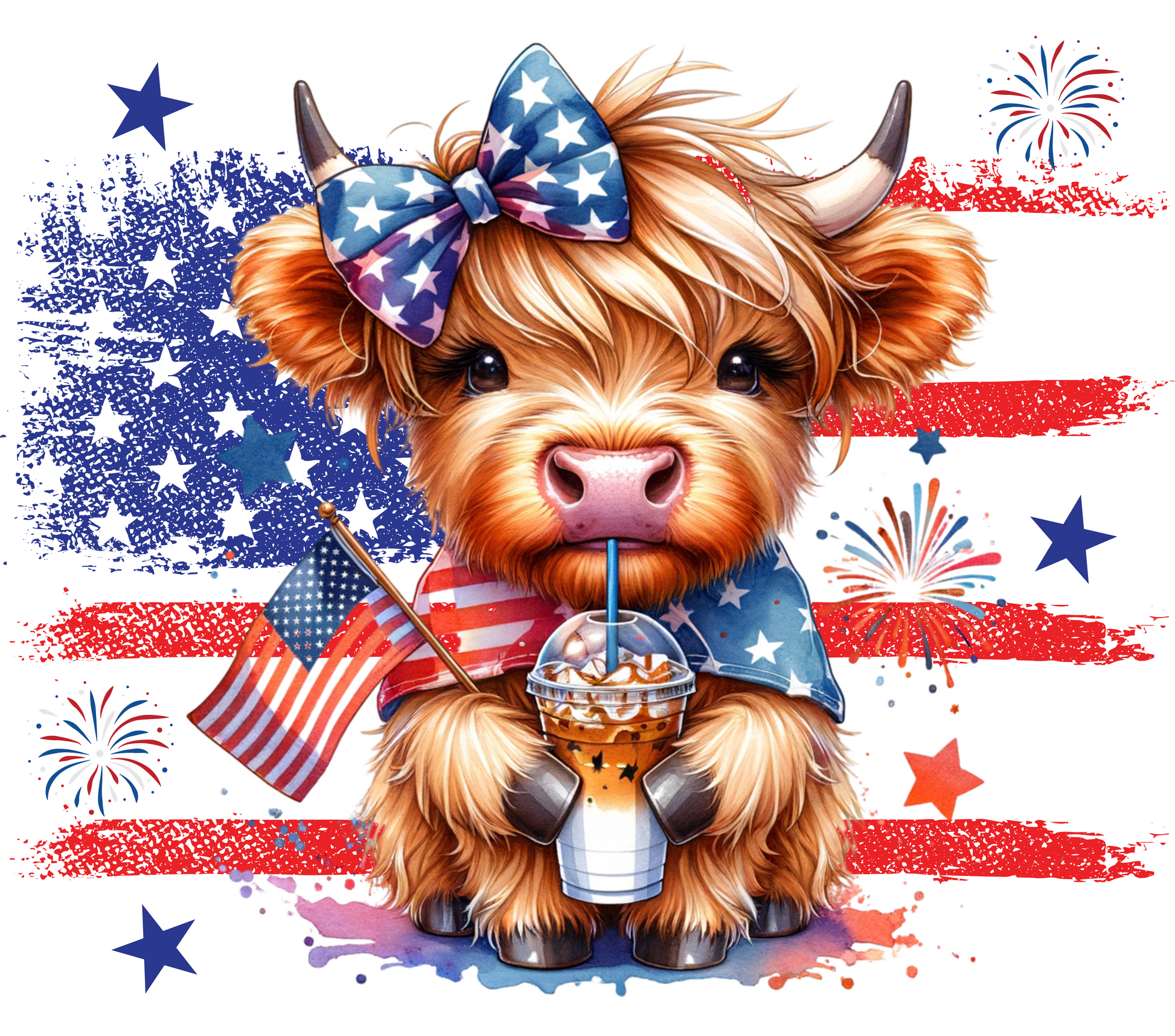 Highland cow with a bow, American flag, and ice cream in front of an American flag background with fireworks.