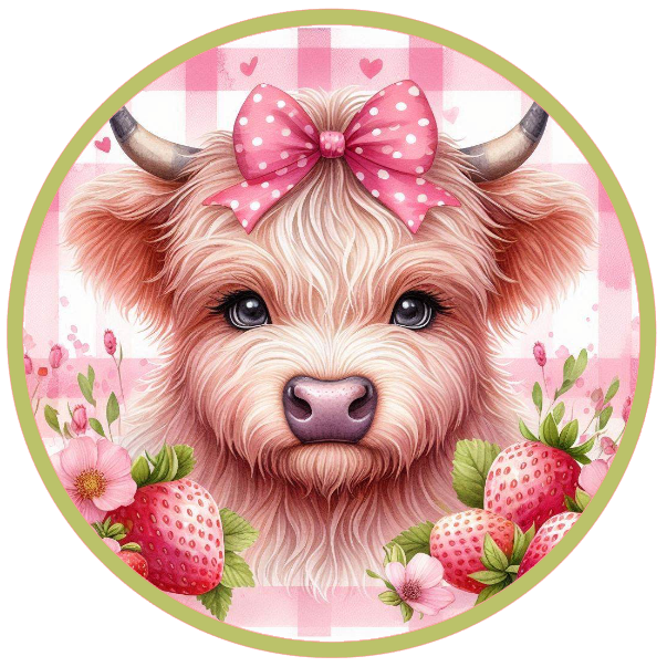 Highland cow with a pink bow surrounded by flowers and strawberries