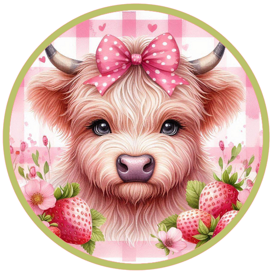 Highland cow with a pink bow surrounded by flowers and strawberries