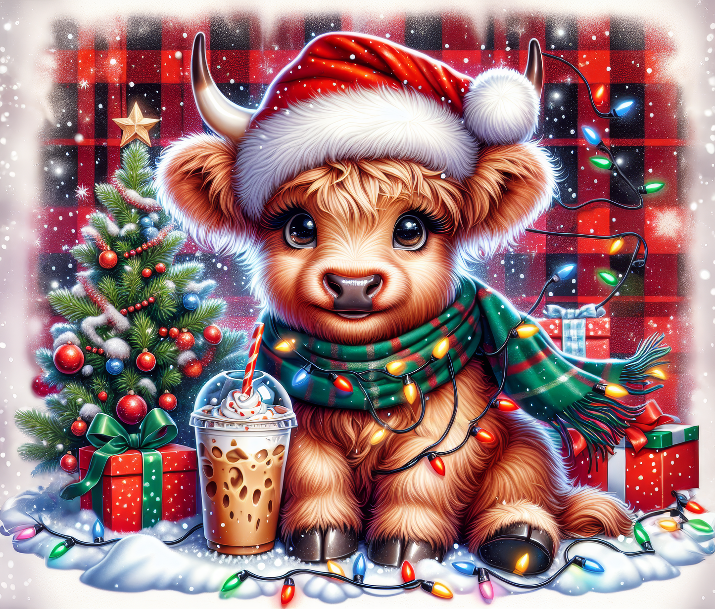 Illustration of a cow in a Santa hat with Christmas decorations and lights.