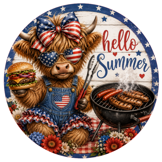 Metal wreath sign with a highland cow wearing an American flag shirt, cooking on a grill, and 'hello summer' text.