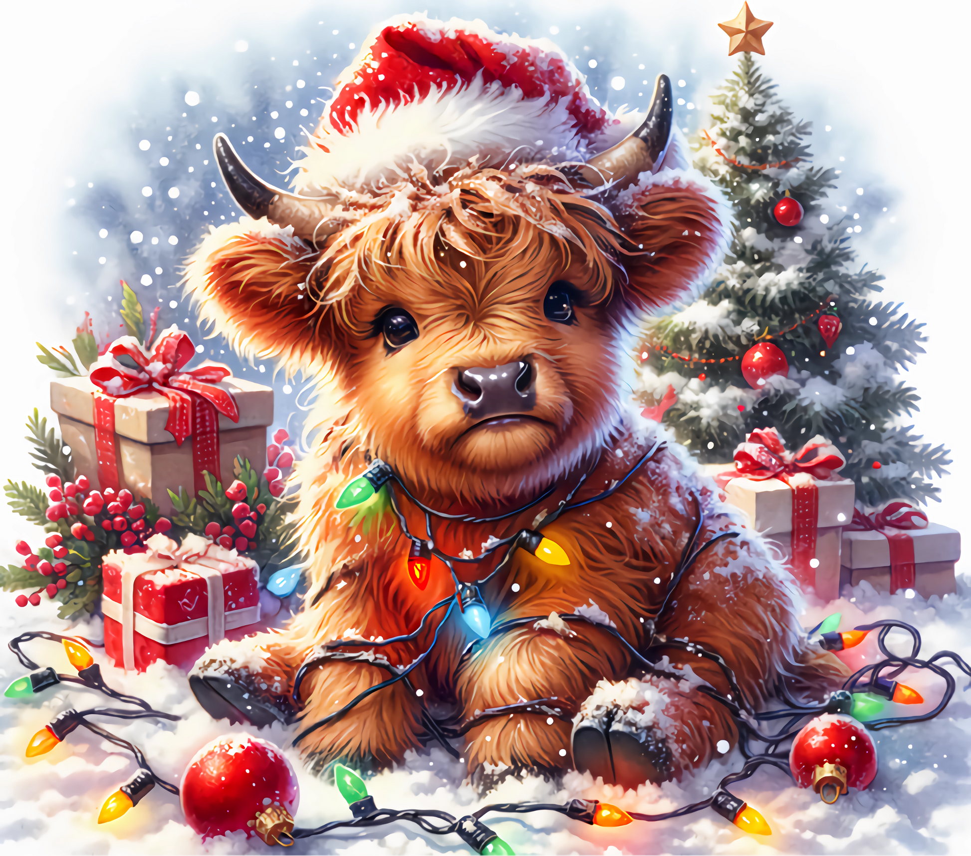 Cute cow in a Santa hat surrounded by Christmas decorations and lights.
