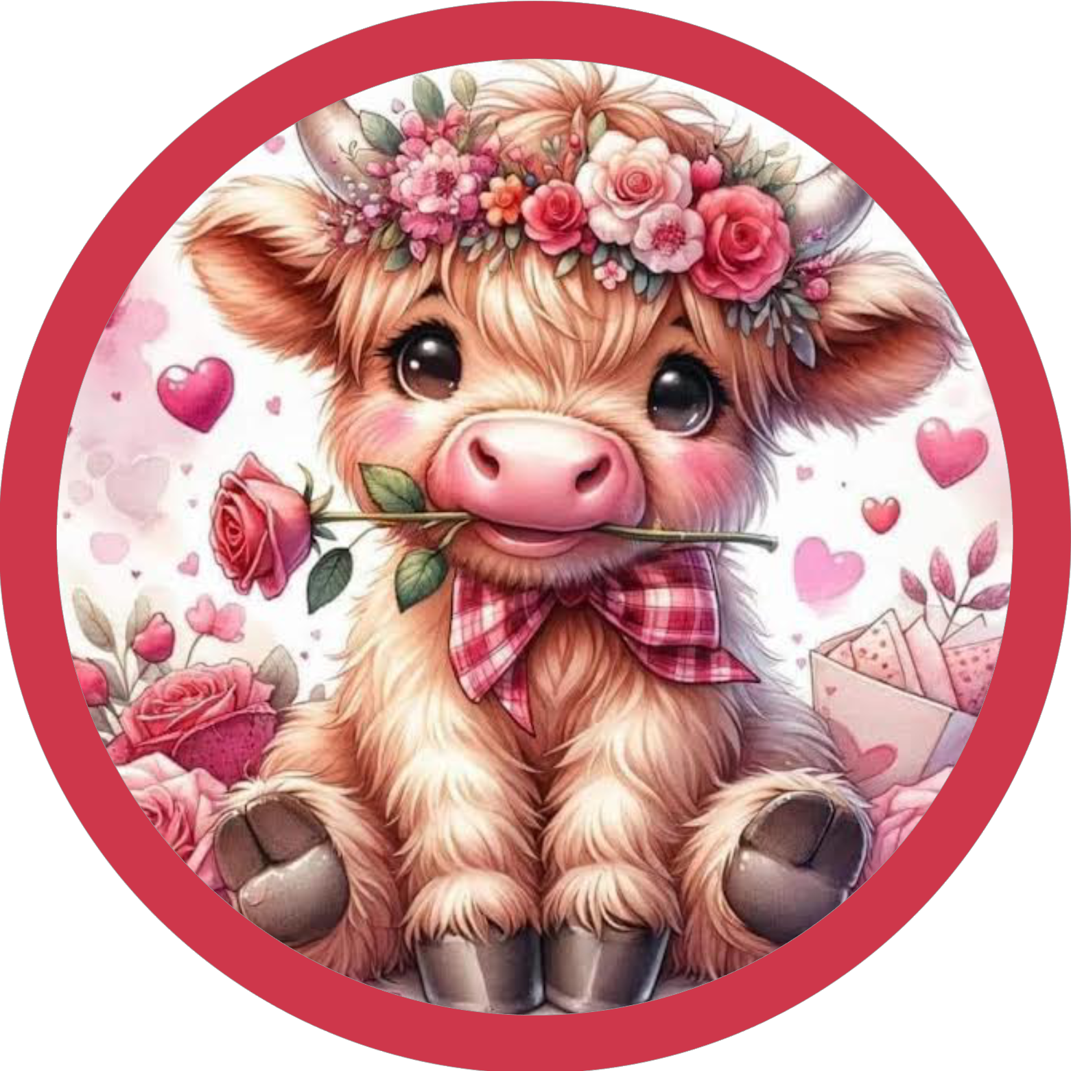 Round metal wreath sign with cute cartoon cow with a flower crown and heart decorations with a rose in its mouth