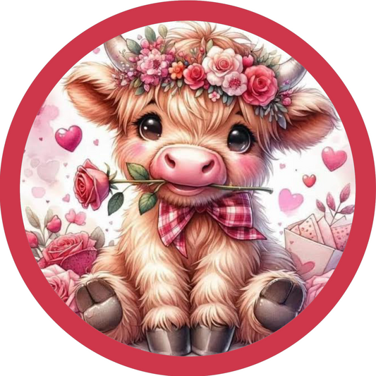 Round metal wreath sign with cute cartoon cow with a flower crown and heart decorations with a rose in its mouth