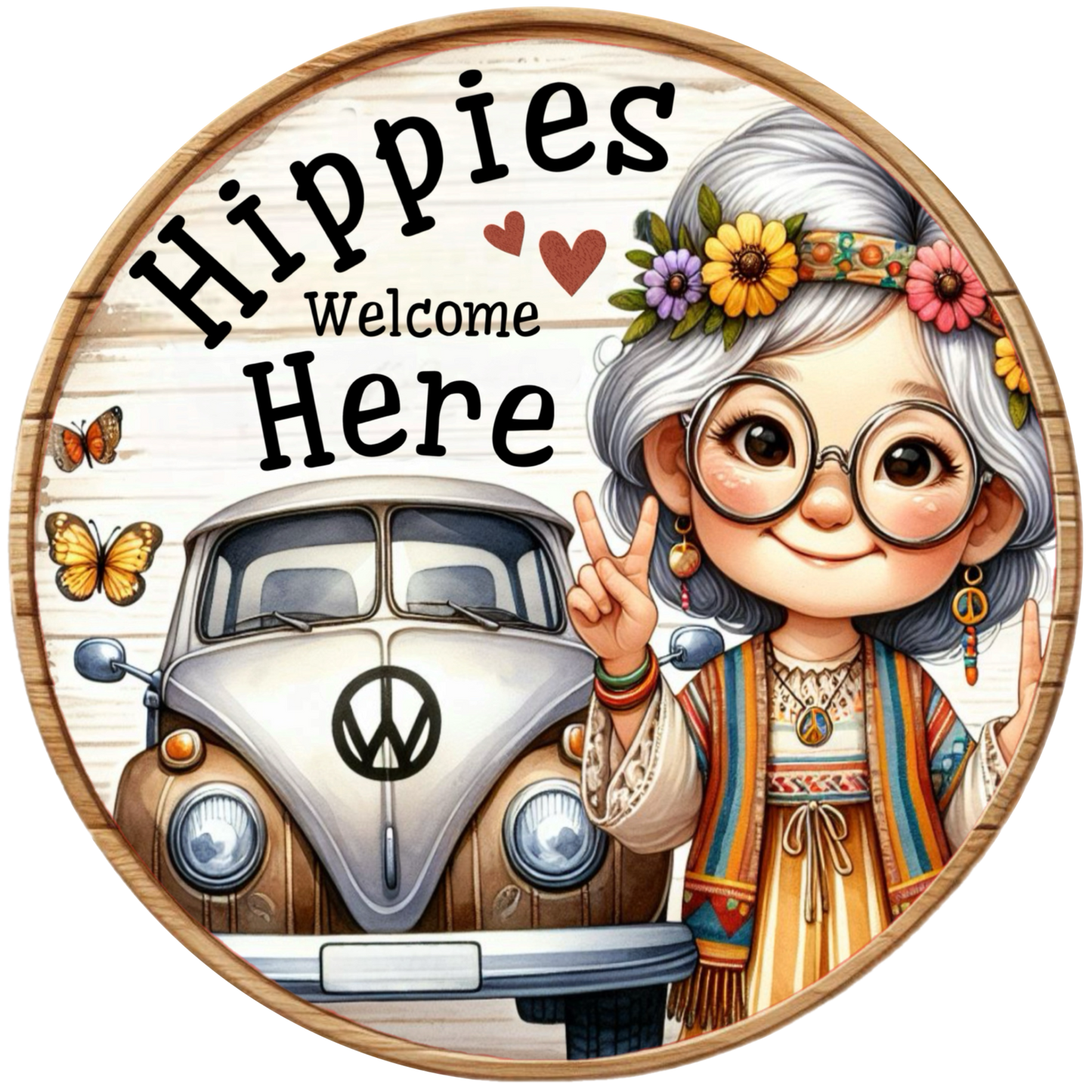 Hippie with a vintage van and butterflies on a wooden background and text hippies welcome here