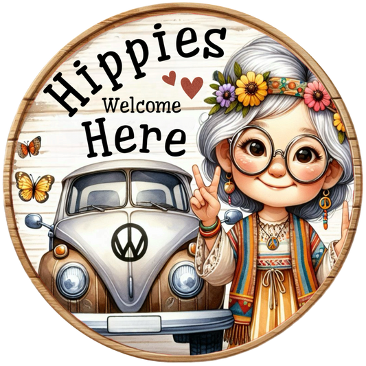 Hippie with a vintage van and butterflies on a wooden background and text hippies welcome here