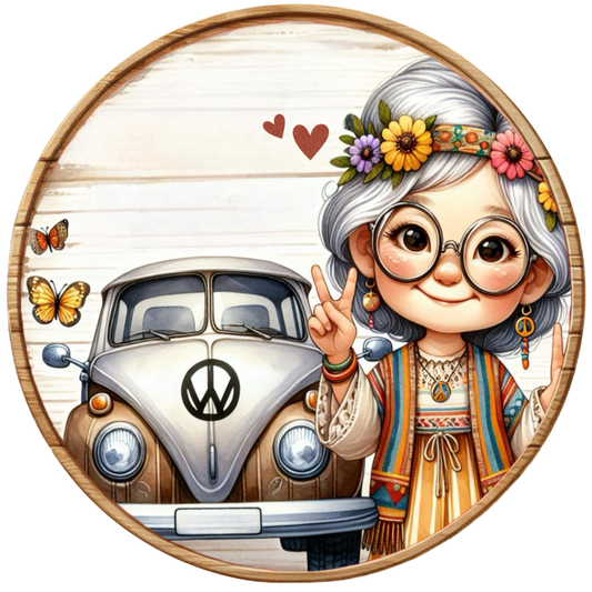 Hippie with a vintage van and butterflies on a wooden background.