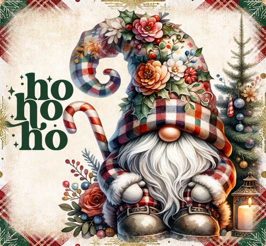 Decorative Christmas gnome with floral hat and candy cane, surrounded by festive elements.