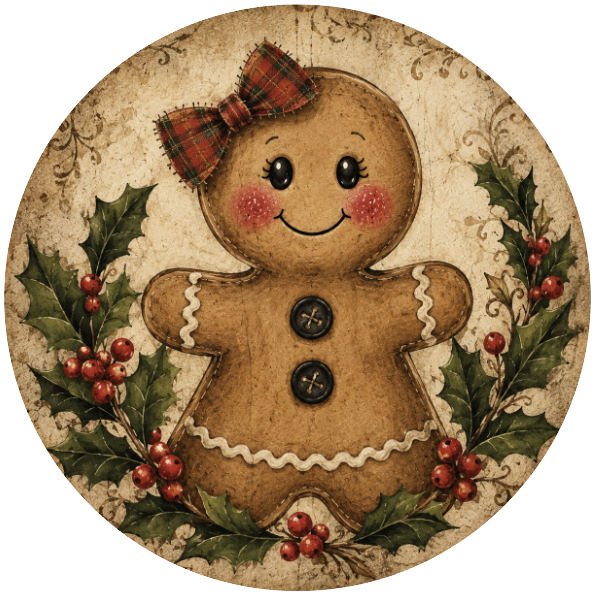Round metal wreath sign featuring a gingerbread girl with holly by Monkey's Creations. 
