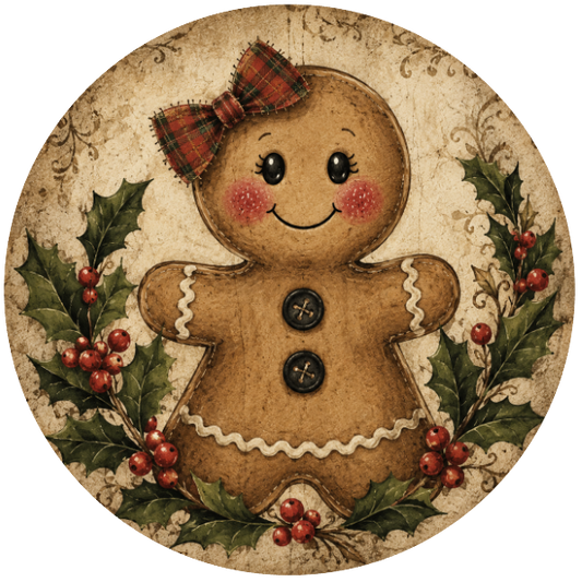 Round metal wreath sign featuring a gingerbread girl with holly by Monkey's Creations. 
