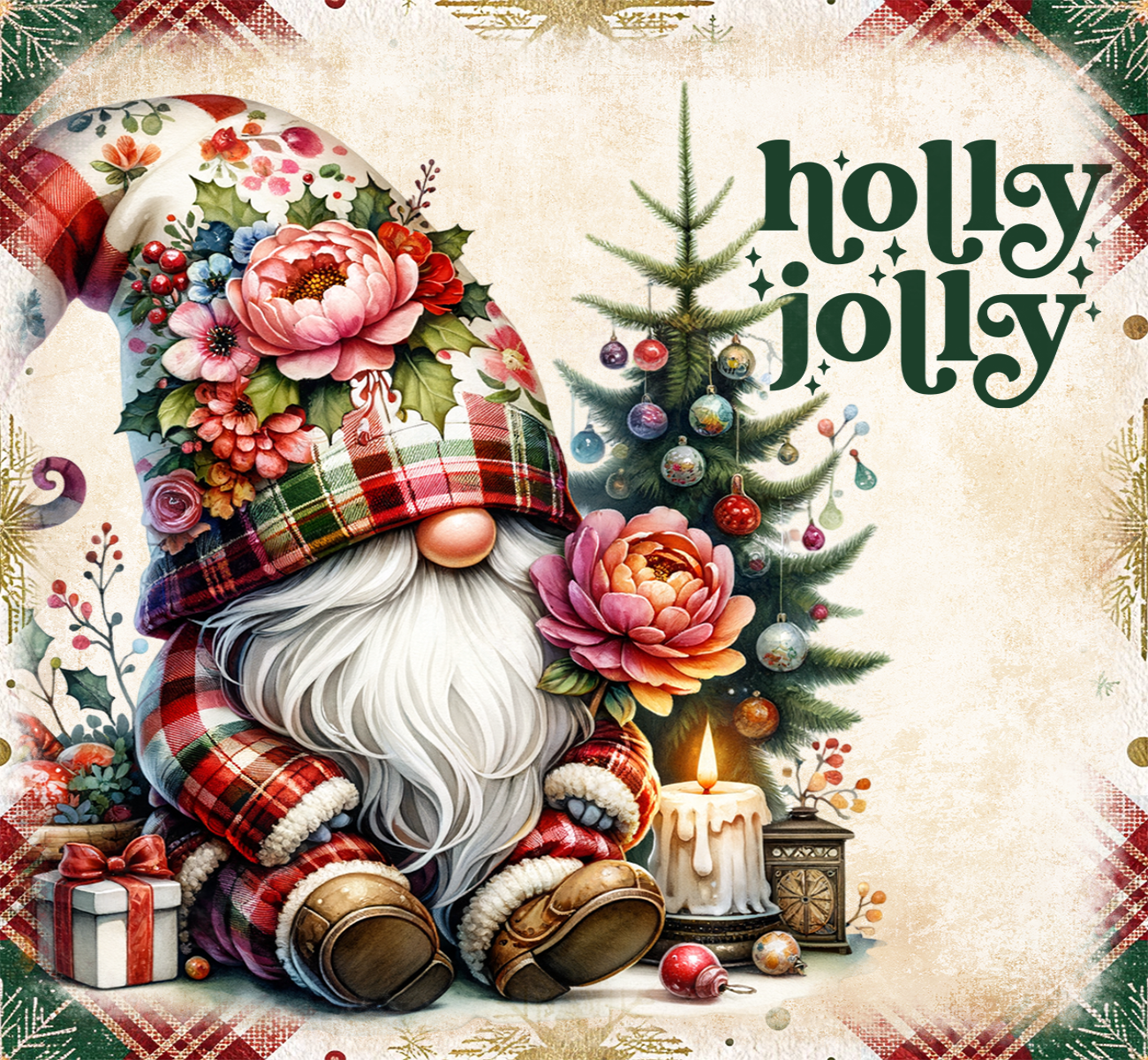 Decorative image of a gnome with flowers, a Christmas tree, and 'holly jolly' text on a festive background.
