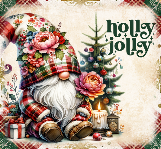 Decorative image of a gnome with flowers, a Christmas tree, and 'holly jolly' text on a festive background.