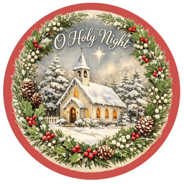 Round metal wreath sign featuring a church in a snow scene with trees and a holly garland border with the text "O Holy Night" by Monkey's Creations. 