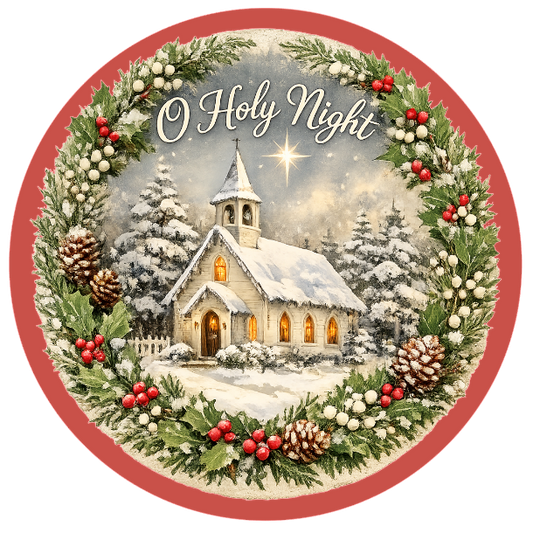 Round metal wreath sign featuring a church in a snow scene with trees and a holly garland border with the text "O Holy Night" by Monkey's Creations. 