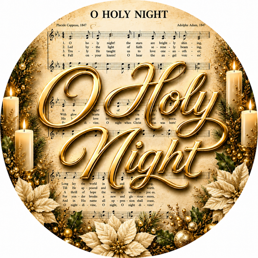 Round metal wreath sign with sheet music, gold and creme poinsettias and "O Holy Night" by Monkey's Creations. 