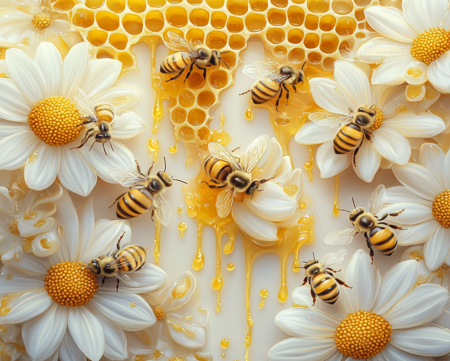 Bees on flowers and honeycomb with honey drips