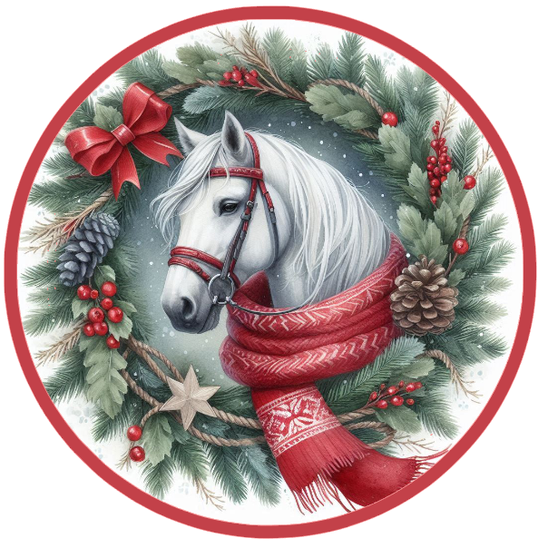 Horse surrounded by Christmas decorations on a white background