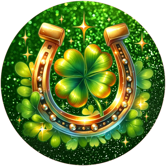 Round wreath sign with a horseshoe and four-leaf clover for st patrick's day