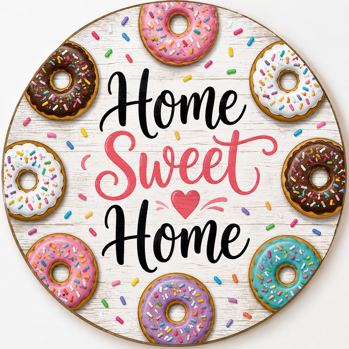 Round metal wreath sign with colorful sprinkle donuts and candy sprinkles on distressed white wood with "home sweet home" by Monkey's Creations. 
