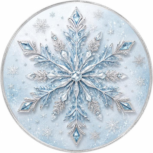 Round metal wreath sign with an ice blue and silver jewel snowflake by Monkey's Creations. 