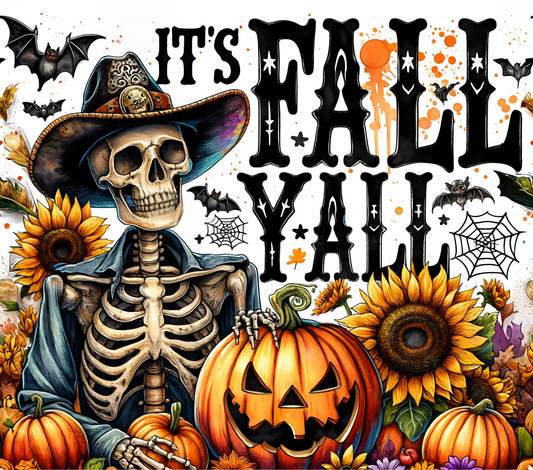 Rectangle fall and Halloween themed metal wreath sign with skeletons, jack o lanterns, sunflowers and bats and the text "It's fall y'all" by Monkey's Creations.
