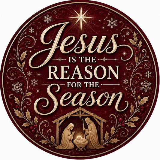 Round metal wreath sign by Monkey's Creations with a gold nativity scene, a red background with gold embellishments and "Jesus, is the reason for the season" for Christmas. 