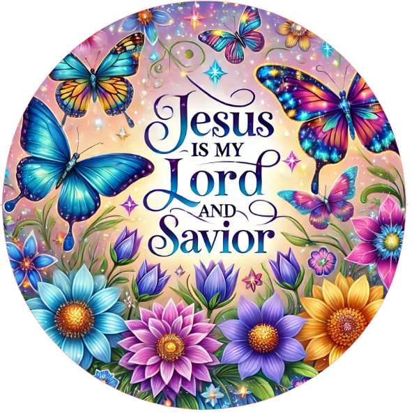 Butterflies, flowers, and 'Jesus is my Lord and Savior' text 