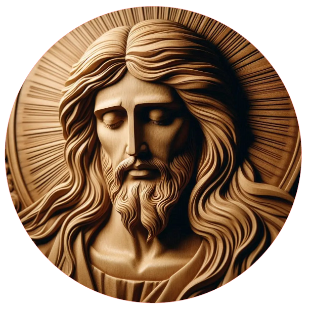 Faux wooden carving of a Jesus face 