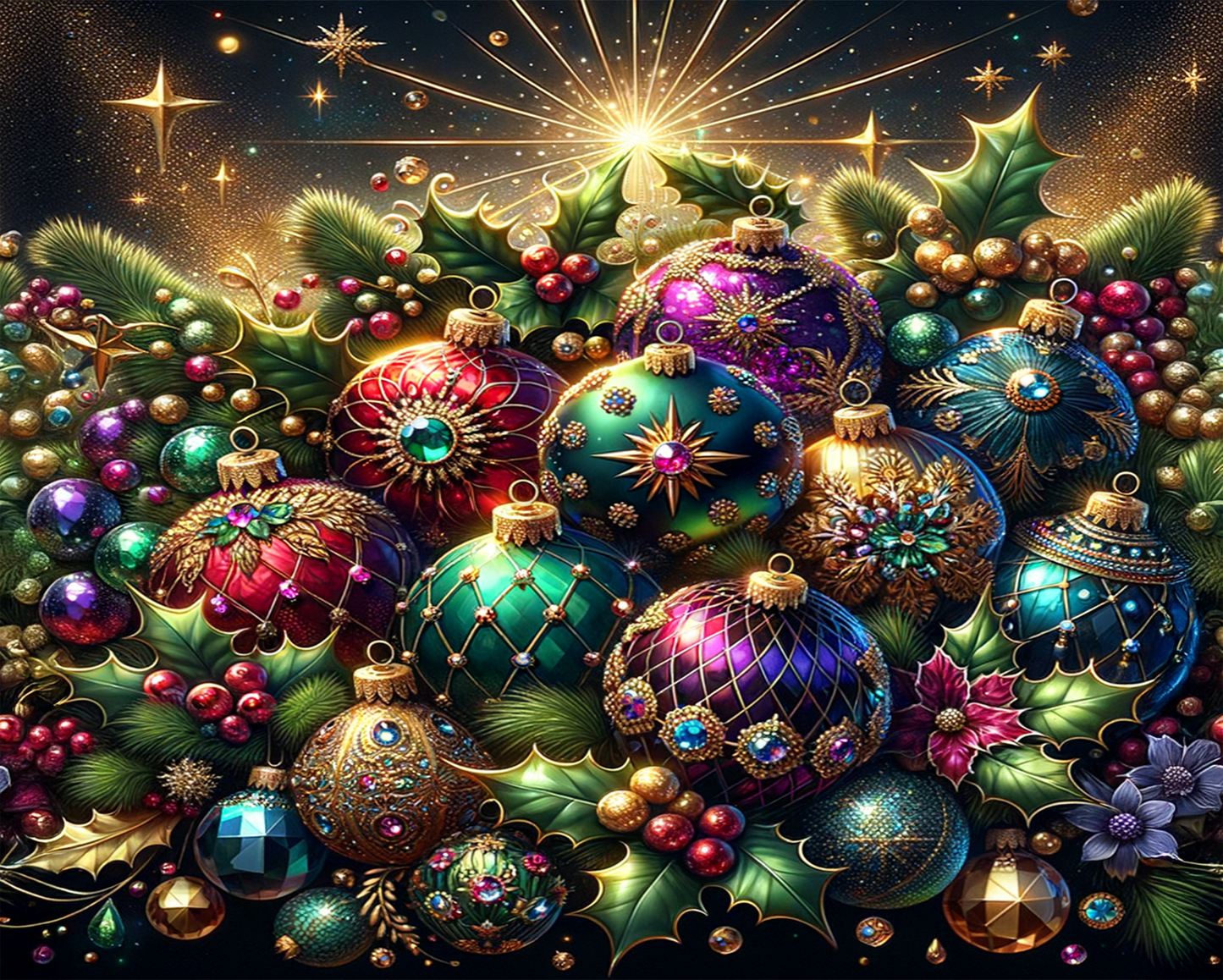 Colorful Christmas ornaments with lights and decorations on a dark background