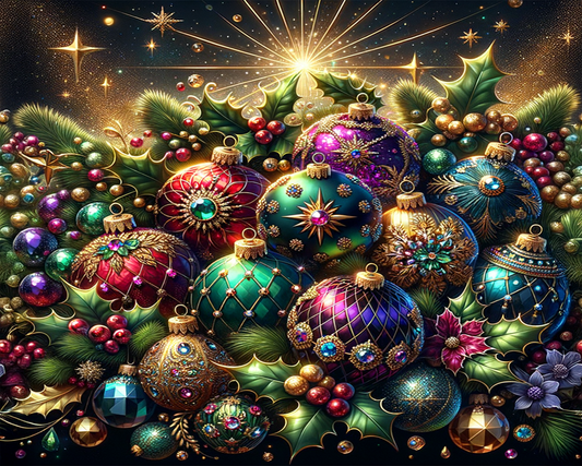 Colorful Christmas ornaments with lights and decorations on a dark background