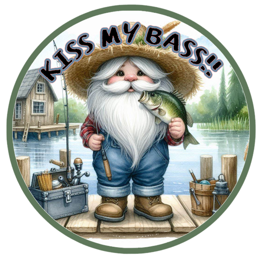 Bearded man holding a fish, surrounded by text 'Kiss my bass!' 