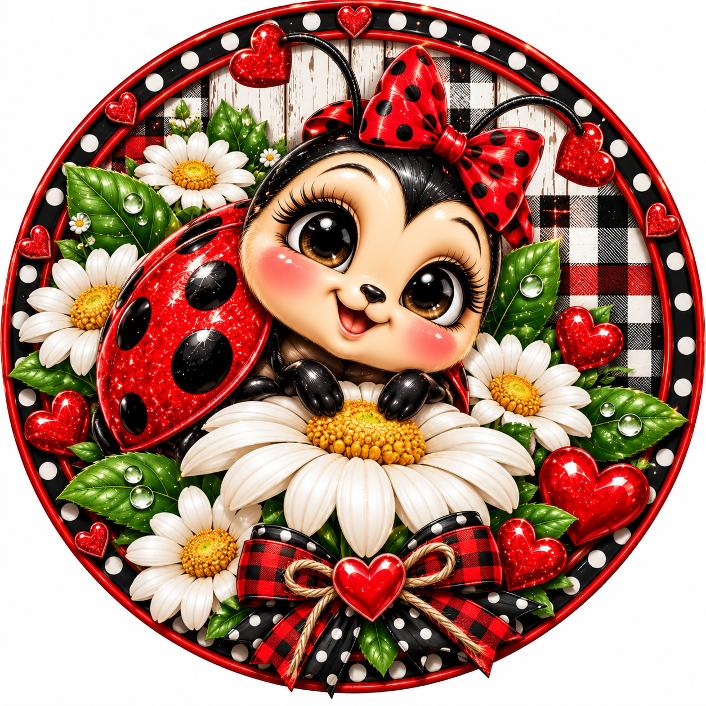 Round metal wreath sign by Monkey's Creations featuring a ladybug surrounded by daisies, hearts and red, black and white check. 