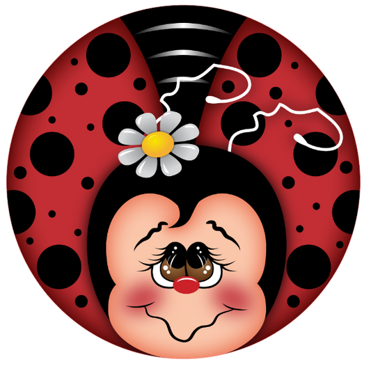 Ladybug design featuring a face with a single daisy