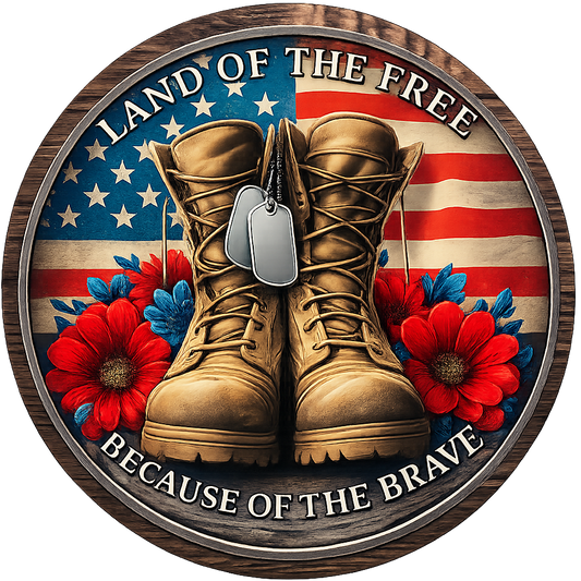 Round metal wreath sign by Monkey's Creations featuring a US flag background with white "land of the free because of the brave" text, red and blue flowers and combat boots with dog tags 
