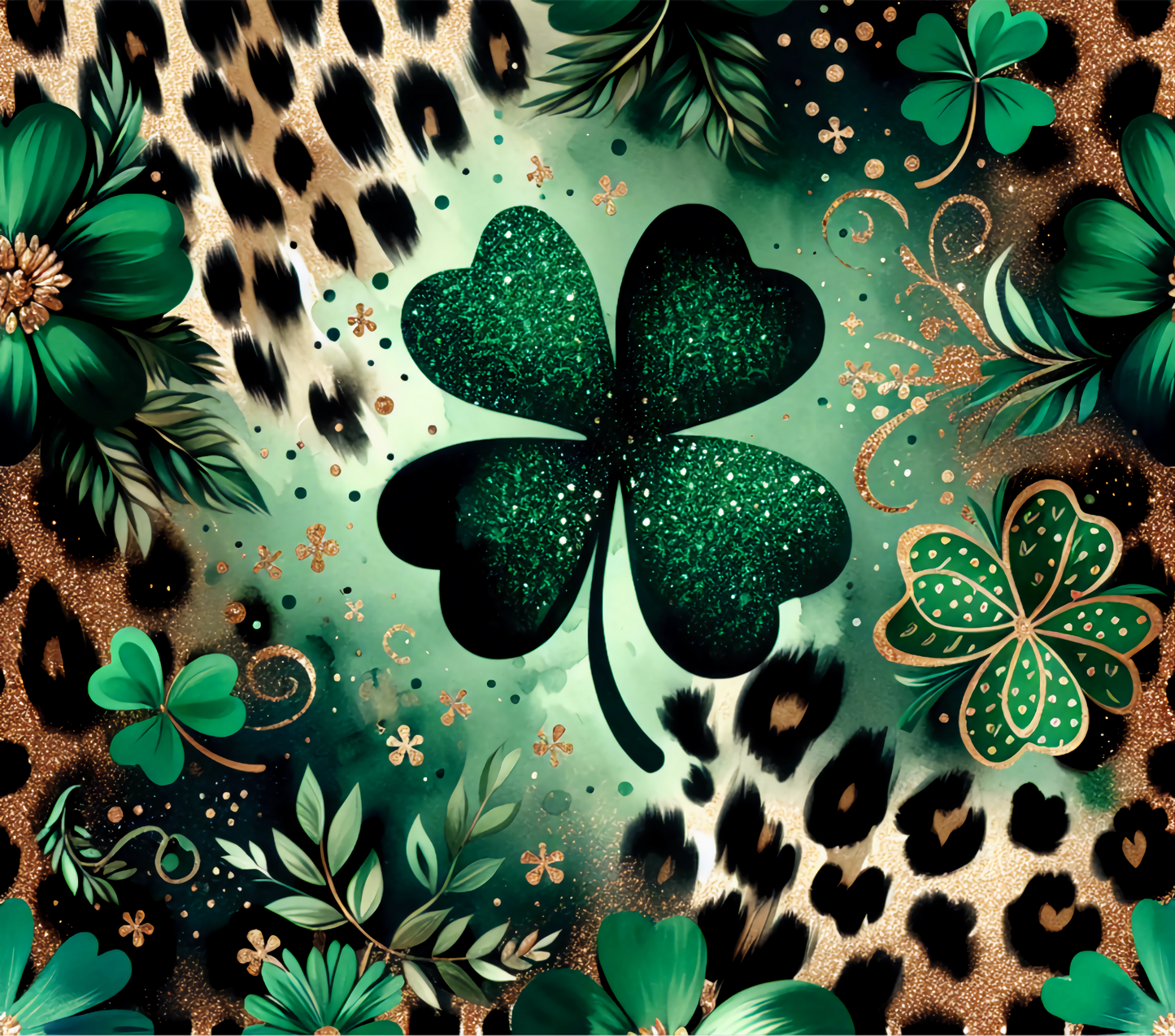 Decorative design with green shamrocks, flowers, and leopard print pattern.