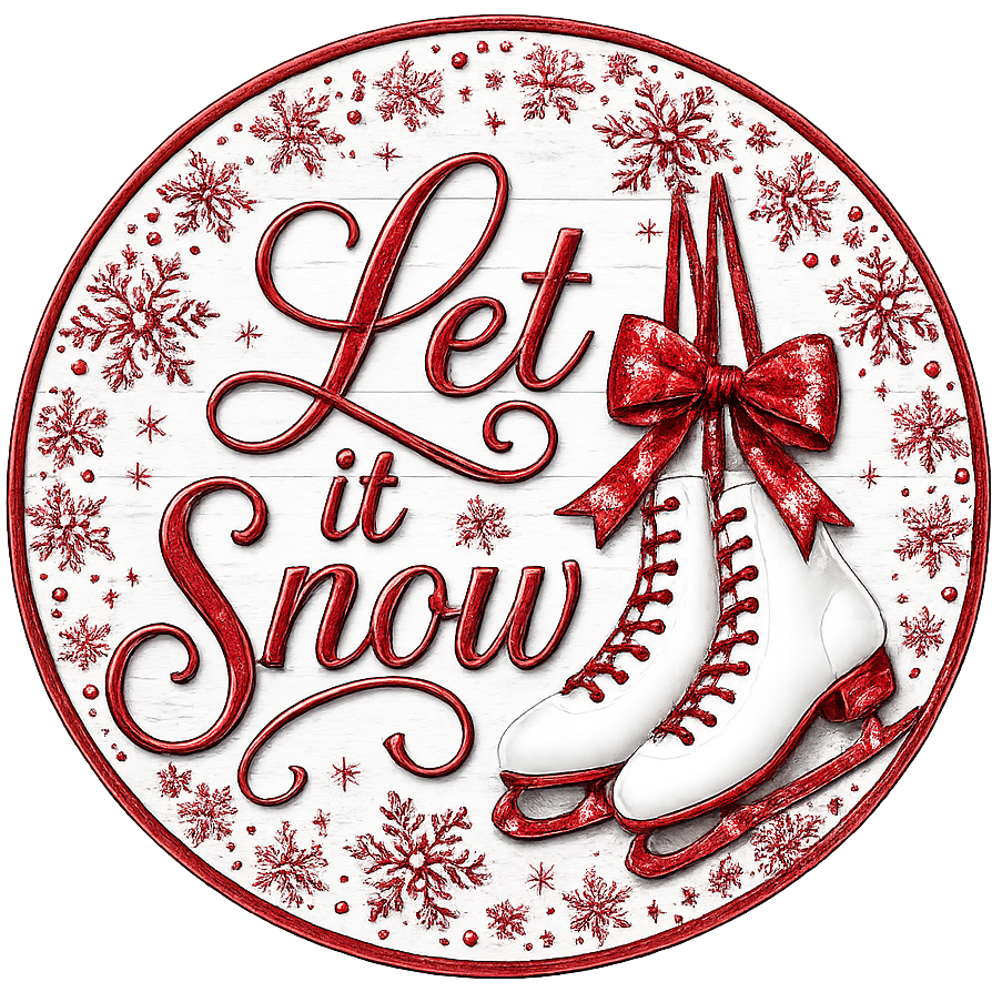 Round metal wreath sign featuring snowflakes, a pair of ice skates and text "let it snow" by Monkey's Creations.