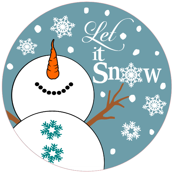 Round metal wreath sign with a snowman and the text "let it snow" with snowflakes by Monkey's Creations.