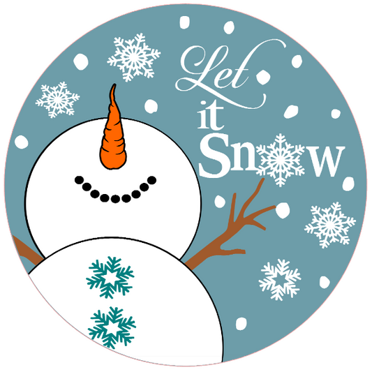 Round metal wreath sign with a snowman and the text "let it snow" with snowflakes by Monkey's Creations.