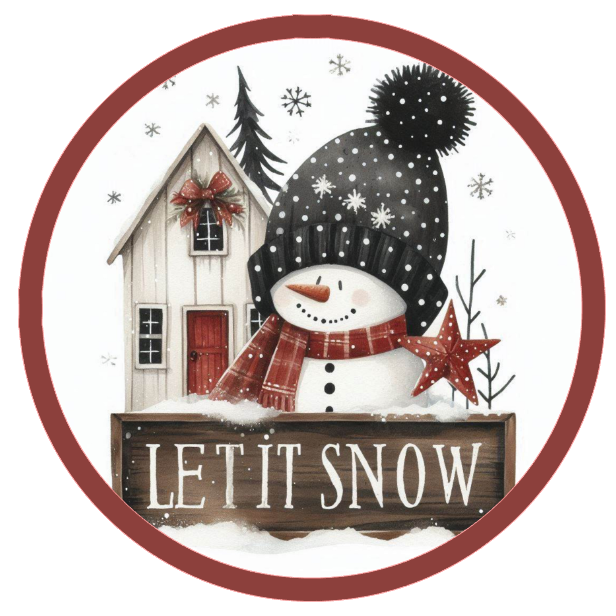 Round metal wreath sign featuring a vintage snowman and winter scene with the text "let it snow" by Monkey's Creations.