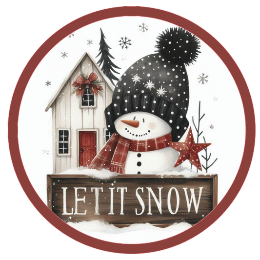 Round metal wreath sign featuring a vintage snowman and winter scene with the text "let it snow" by Monkey's Creations.