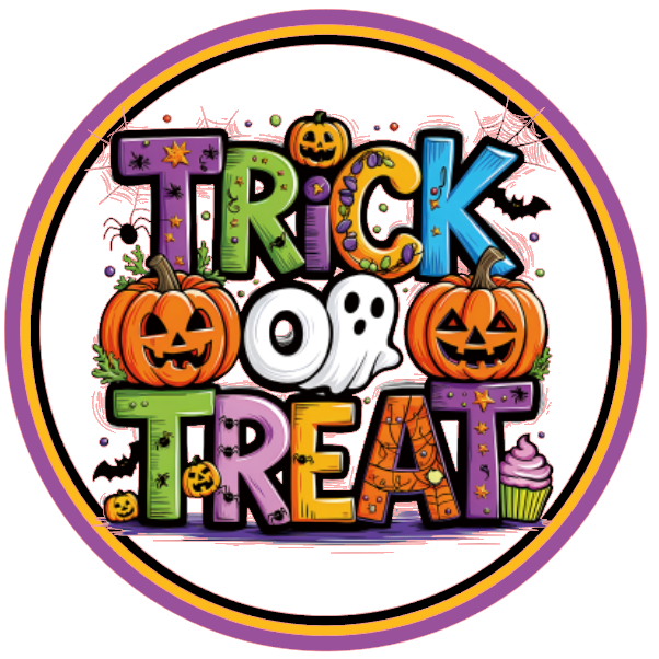 Round metal wreath sign with text "trick or treat", spiders, jack o lanterns and a ghost by Monkey's Creations. 