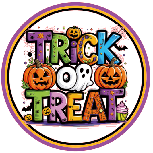 Round metal wreath sign with text "trick or treat", spiders, jack o lanterns and a ghost by Monkey's Creations. 