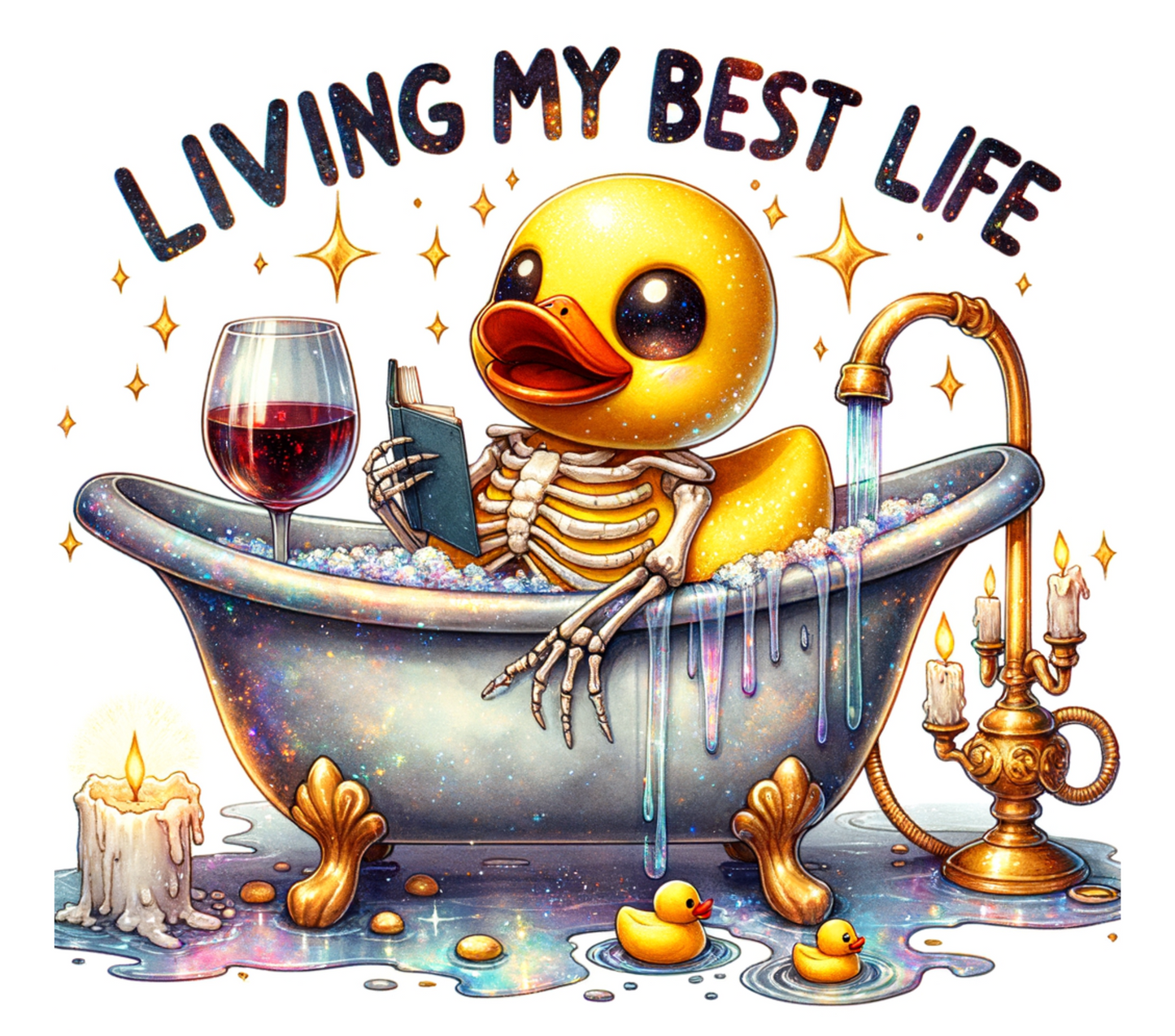 Rectangle bathtub with rubber ducky themed metal wreath sign with text' living my best life" by Monkey's Creations.
